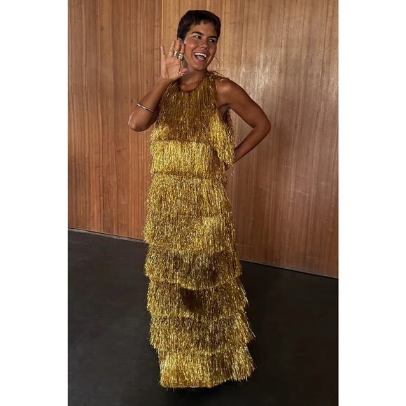 NWT Never Fully Dressed Gold Fringe Maxi Dress Tinsel Maxi 6 - Picture 3 of 7